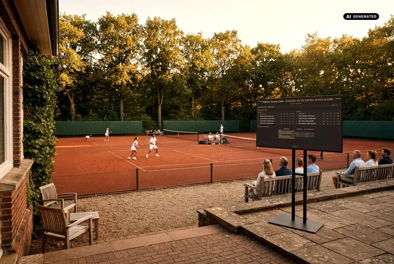 Recreación de un club de tenis con el Display de ClubScore en una TV