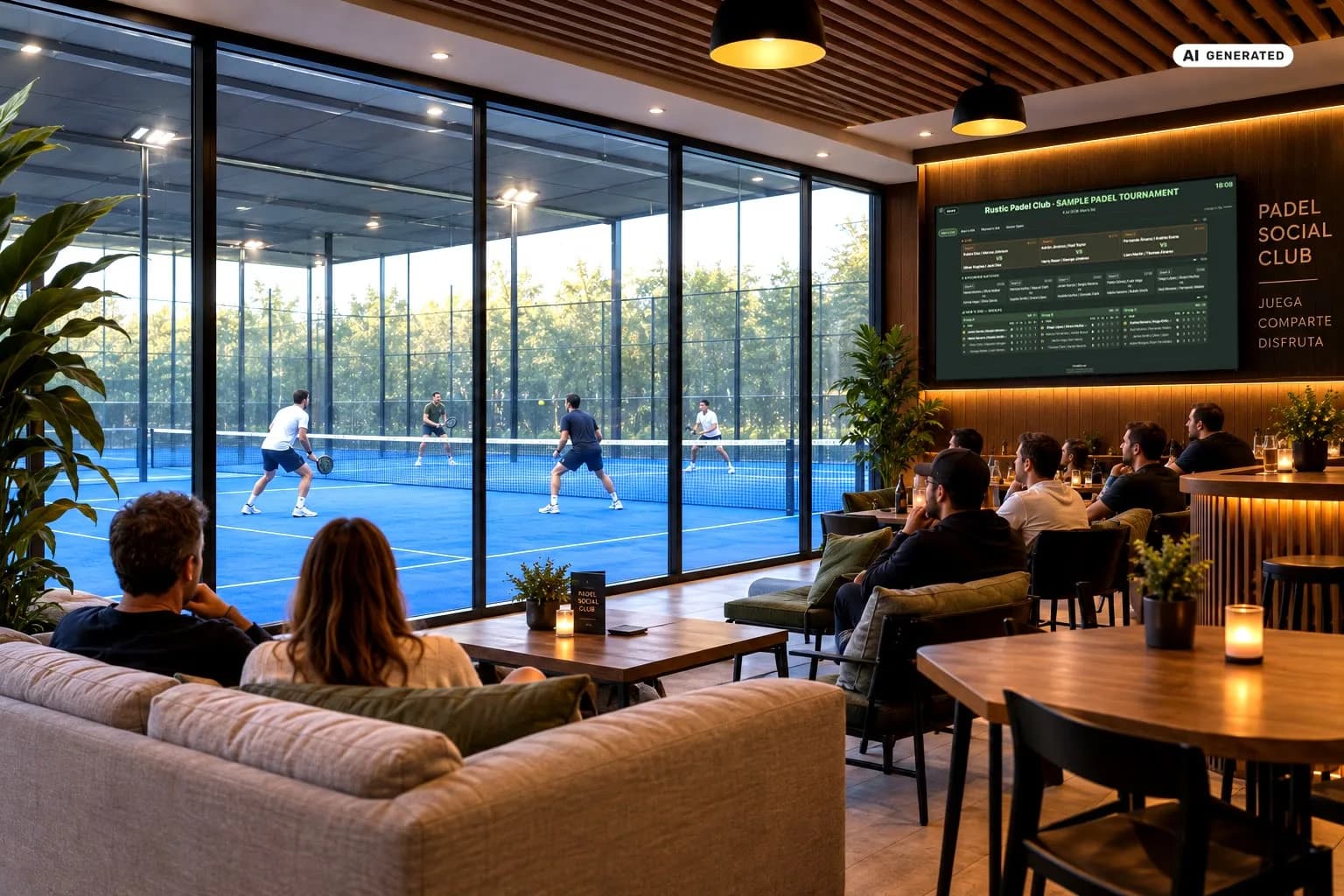 Recreación de un club de pádel con el Display de ClubScore en una TV