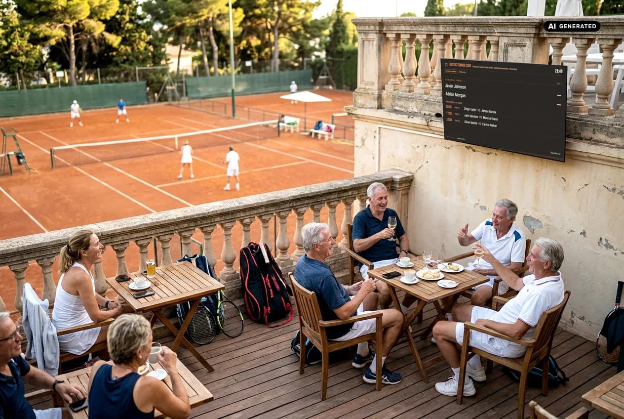 Recreación de un club de tenis con el Display de ClubScore en una TV