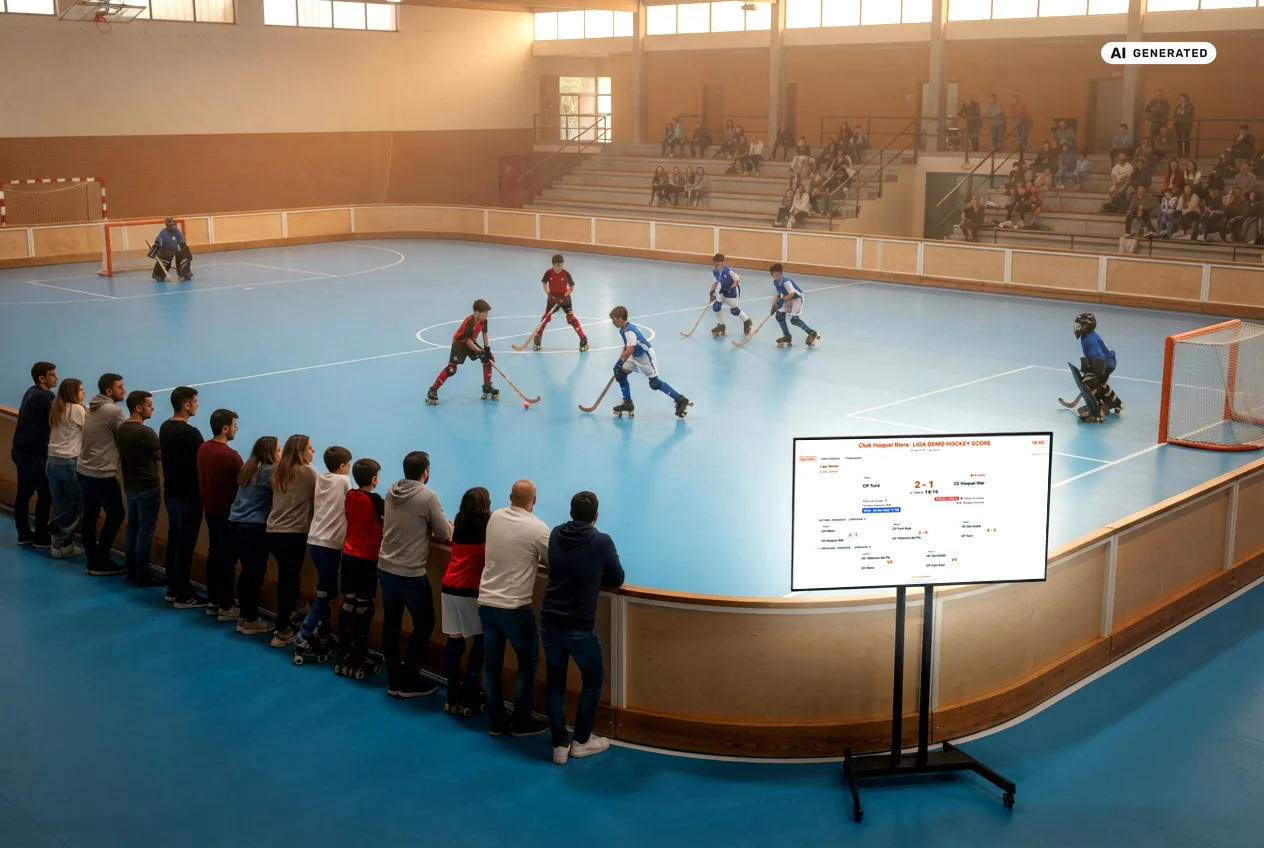 Nagebootste rolhockeyclub met de ClubScore-Display op een tv