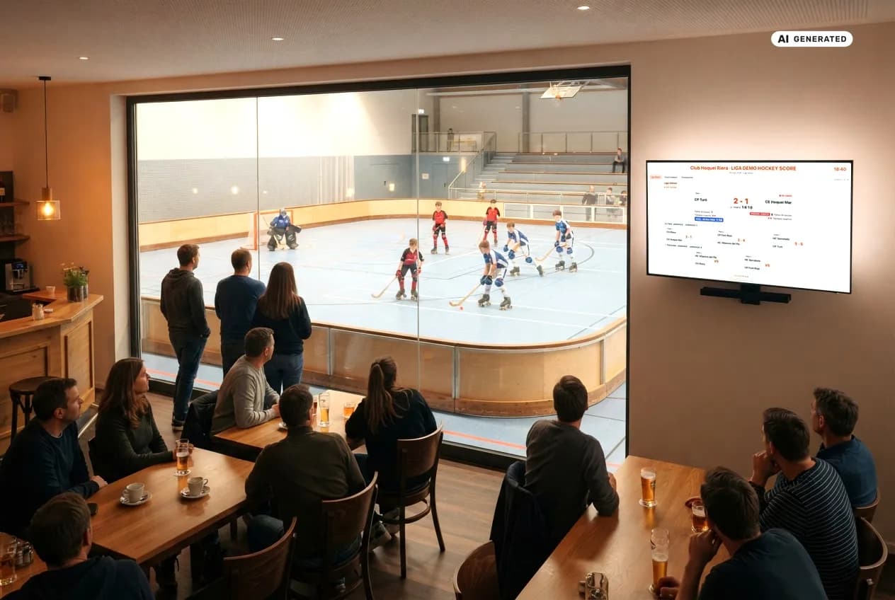 Nagebootste rolhockeyclub met de ClubScore-Display op een tv