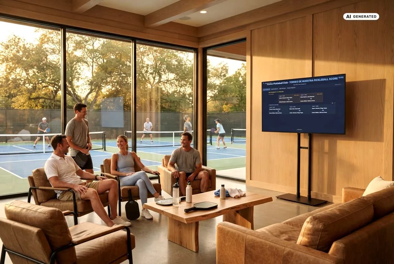 Recreació d'un club de pickleball amb el Display de ClubScore en una TV