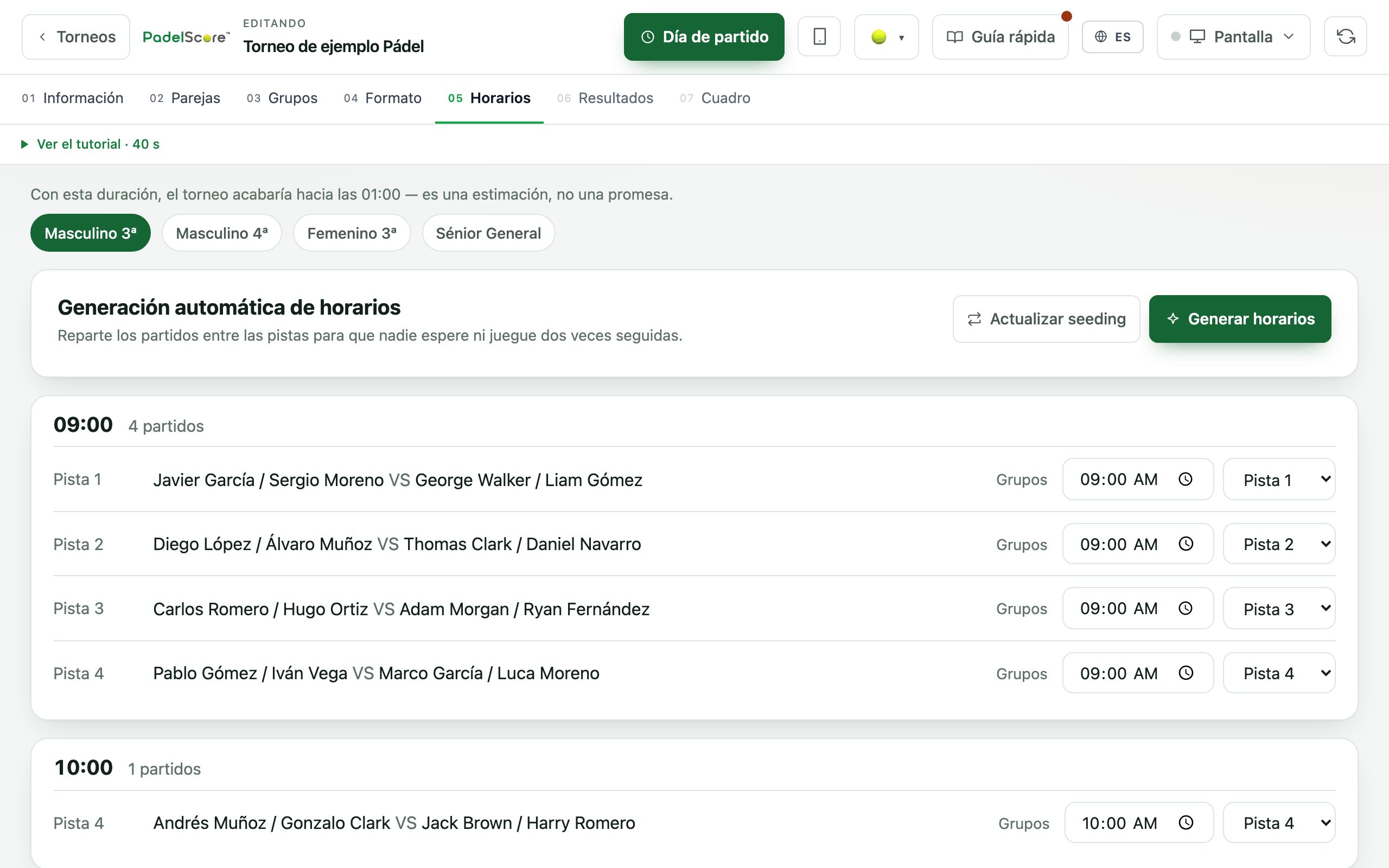 Horarios: hora y pista para cada partido