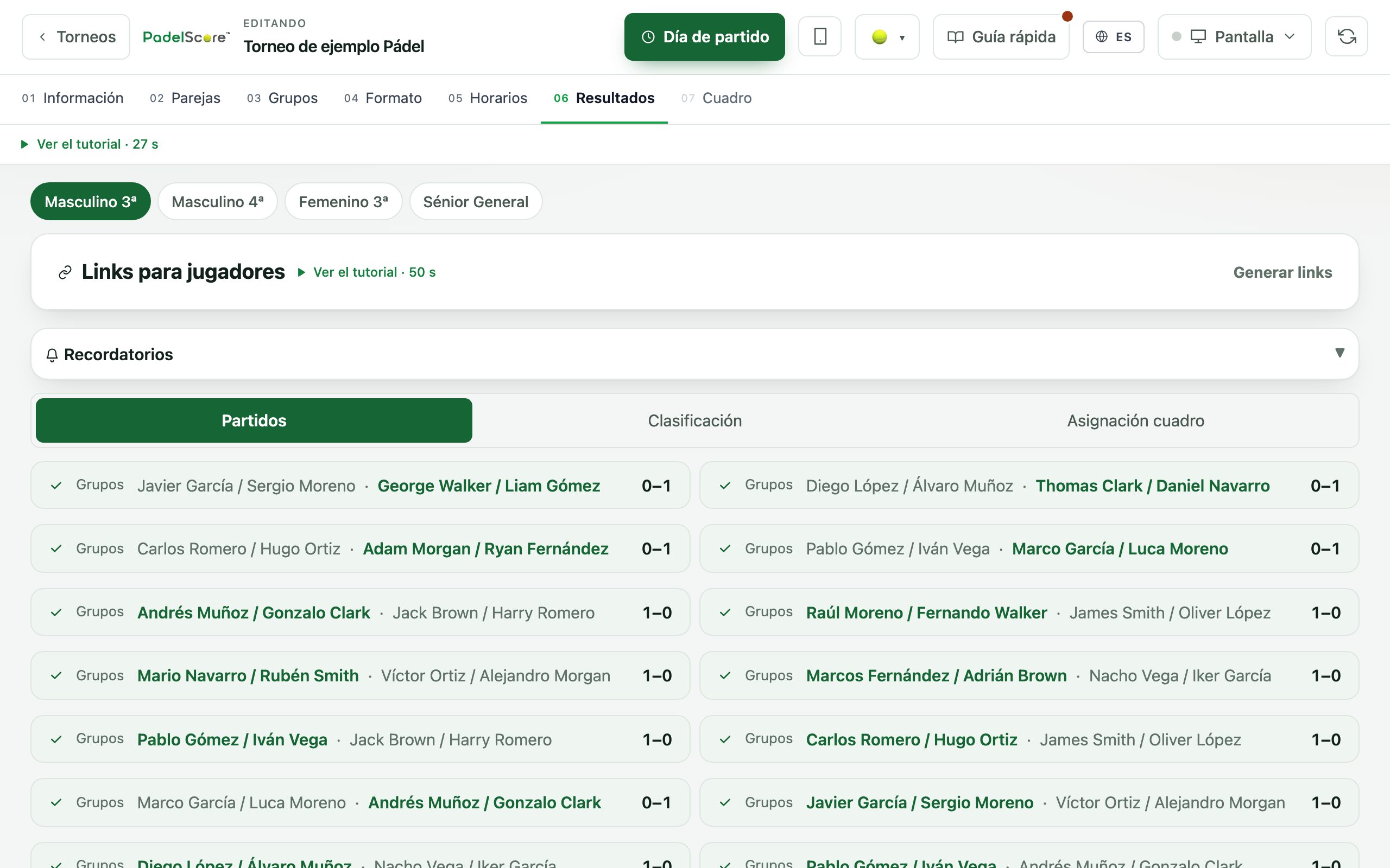 Resultados: el día del torneo