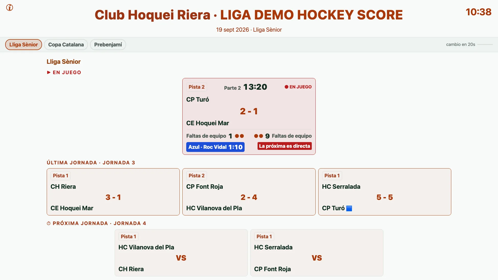 Het Hockey Score-scherm met een live wedstrijd